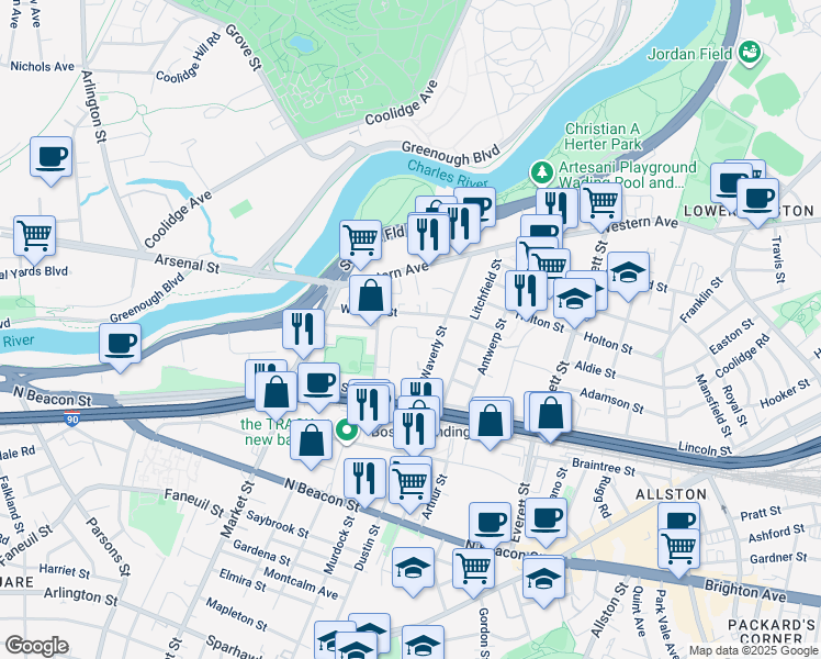 map of restaurants, bars, coffee shops, grocery stores, and more near 19 Bronsdon Street in Boston
