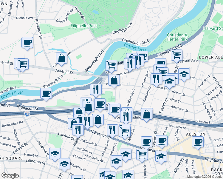 map of restaurants, bars, coffee shops, grocery stores, and more near 25 Lothrop Street in Boston