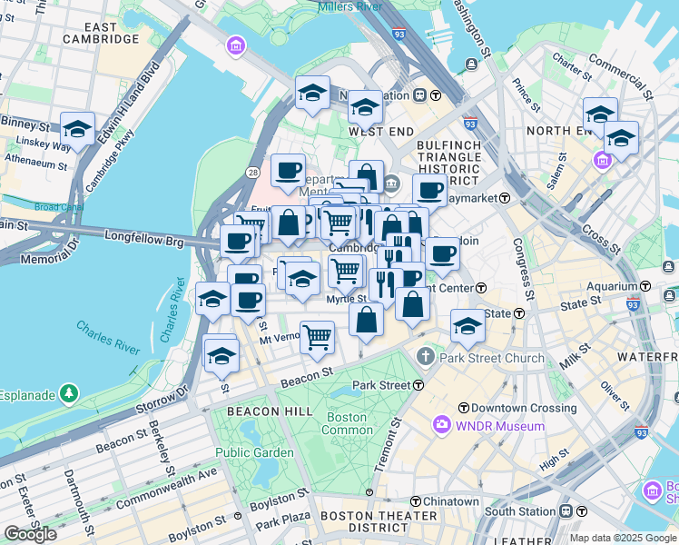 map of restaurants, bars, coffee shops, grocery stores, and more near 31 South Russell Street in Boston