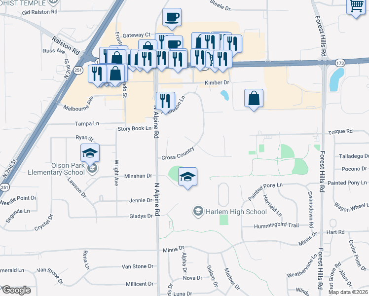 map of restaurants, bars, coffee shops, grocery stores, and more near 4632 Cross Country in Loves Park