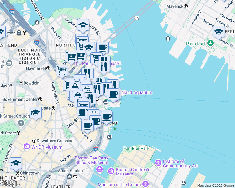 map of restaurants, bars, coffee shops, grocery stores, and more near 63 Long Wharf in Boston