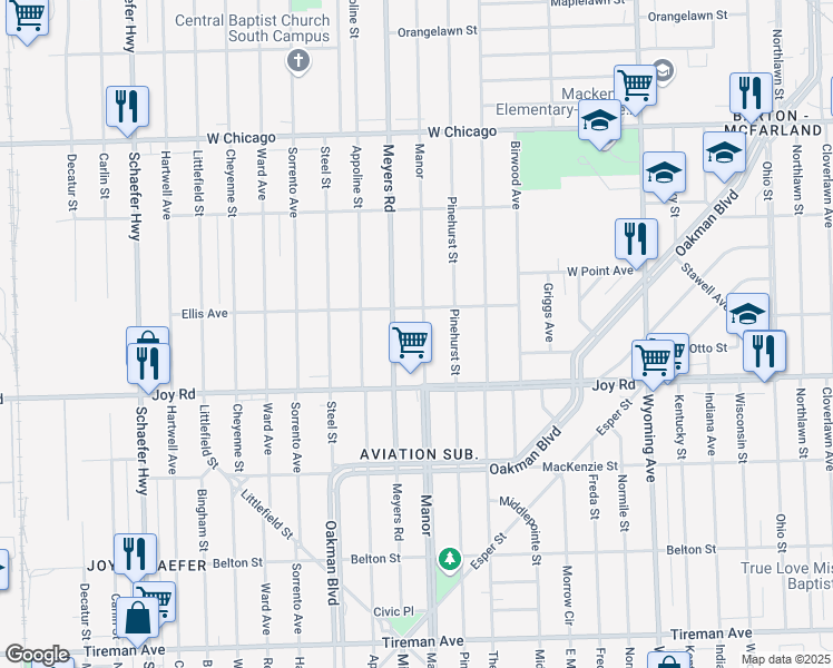 map of restaurants, bars, coffee shops, grocery stores, and more near 8903 Manor Street in Detroit