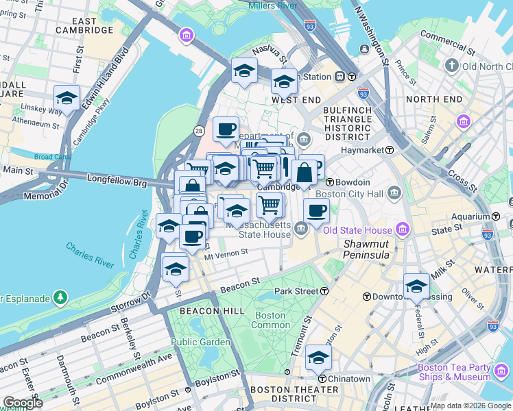 map of restaurants, bars, coffee shops, grocery stores, and more near 45 1/2 Garden Street in Boston
