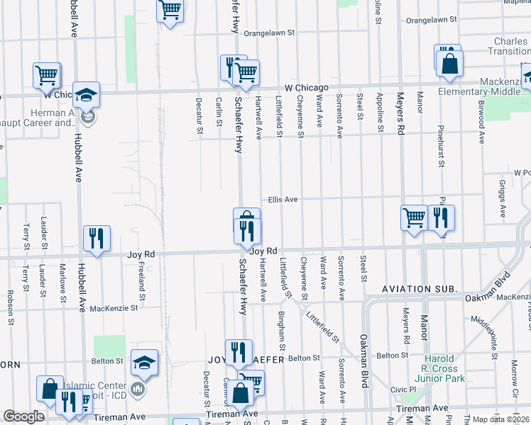 map of restaurants, bars, coffee shops, grocery stores, and more near 8889 Hartwell Avenue in Detroit