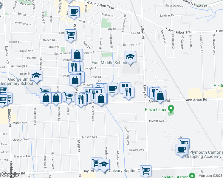 map of restaurants, bars, coffee shops, grocery stores, and more near 500 Ford Street in Plymouth