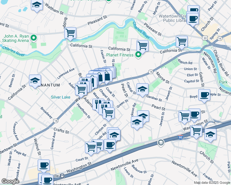 map of restaurants, bars, coffee shops, grocery stores, and more near 10 Morgan Place in Newton