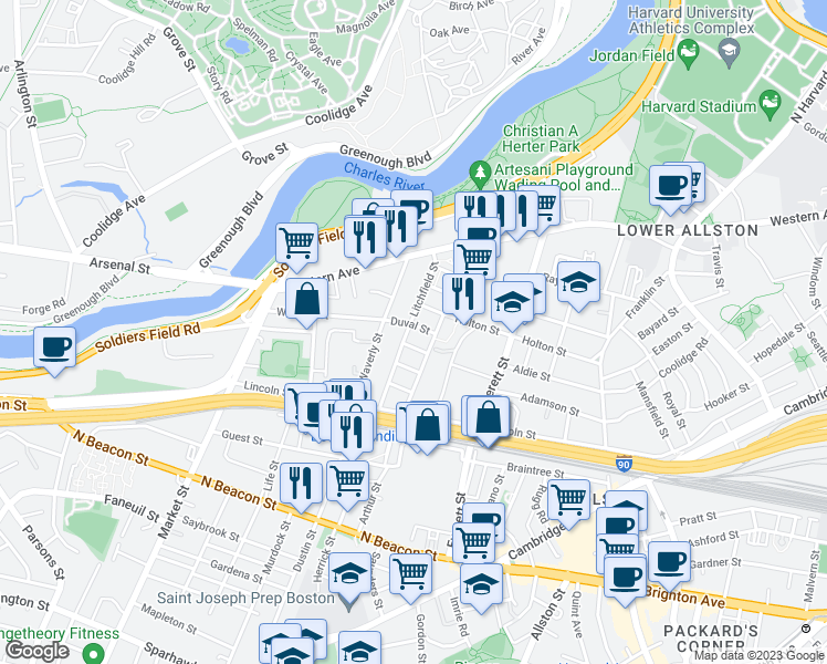 map of restaurants, bars, coffee shops, grocery stores, and more near 25 Duval Street in Boston