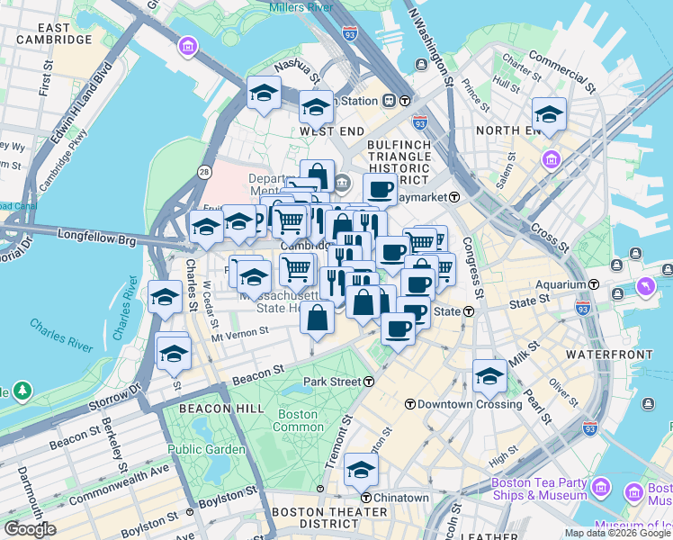 map of restaurants, bars, coffee shops, grocery stores, and more near in Boston