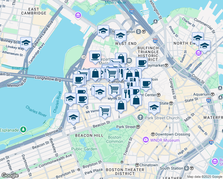 map of restaurants, bars, coffee shops, grocery stores, and more near 72 Joy Street in Boston