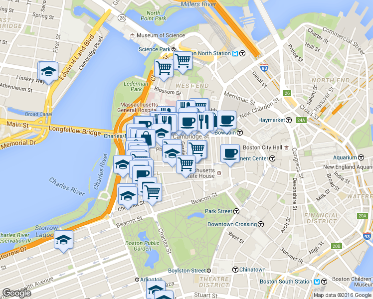map of restaurants, bars, coffee shops, grocery stores, and more near 45 1/2 Garden Street in Boston