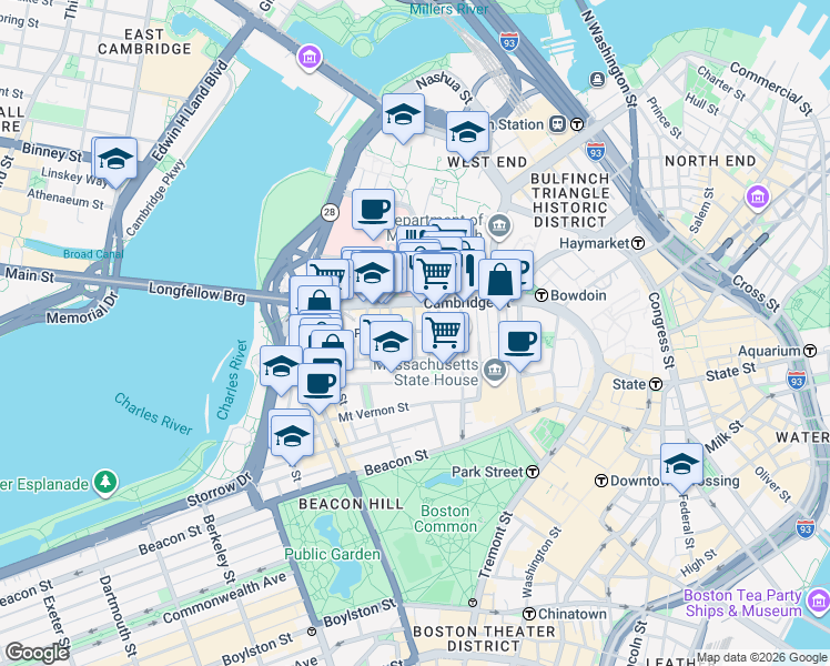 map of restaurants, bars, coffee shops, grocery stores, and more near 45 1/2 Garden Street in Boston