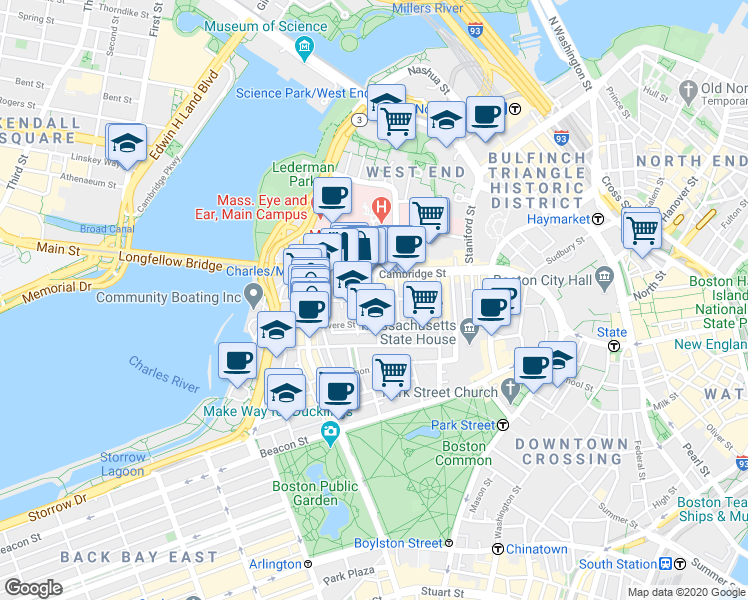 map of restaurants, bars, coffee shops, grocery stores, and more near in Boston