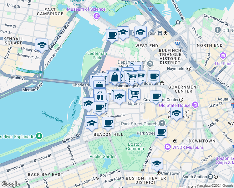 map of restaurants, bars, coffee shops, grocery stores, and more near 34 Grove Street in Boston