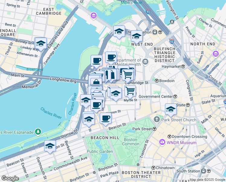 map of restaurants, bars, coffee shops, grocery stores, and more near 34 Grove Street in Boston