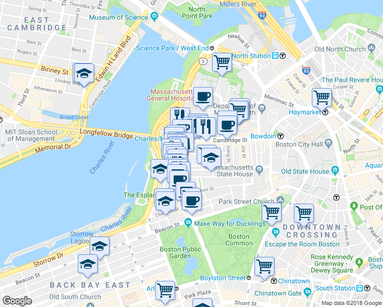 map of restaurants, bars, coffee shops, grocery stores, and more near 67 West Cedar Street in Boston