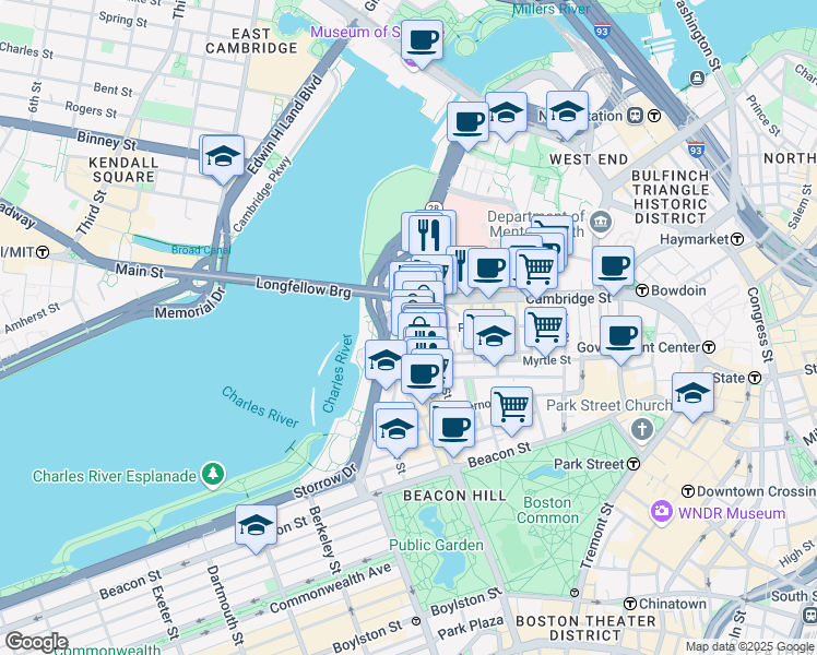 map of restaurants, bars, coffee shops, grocery stores, and more near 6 Charles River Square in Boston