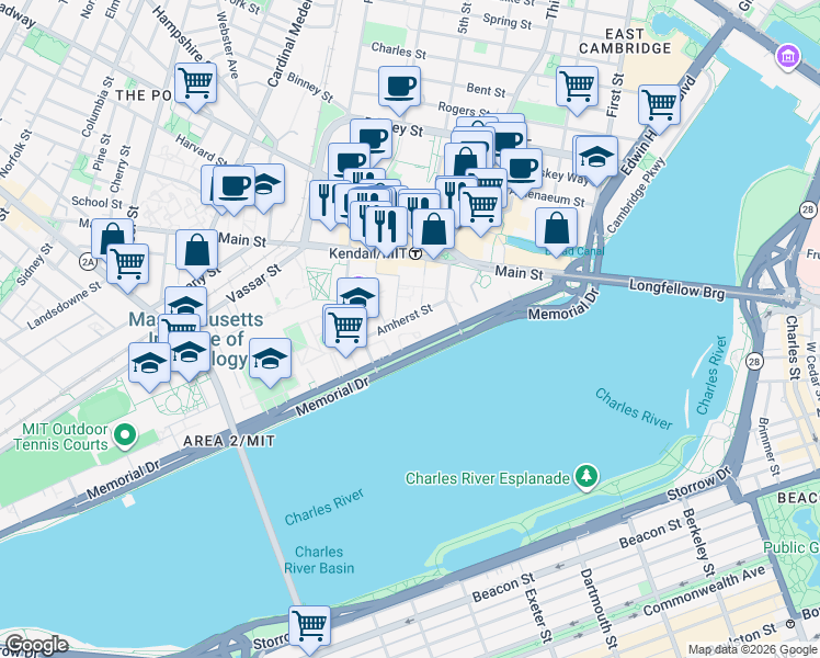 map of restaurants, bars, coffee shops, grocery stores, and more near 104 Memorial Drive in Cambridge