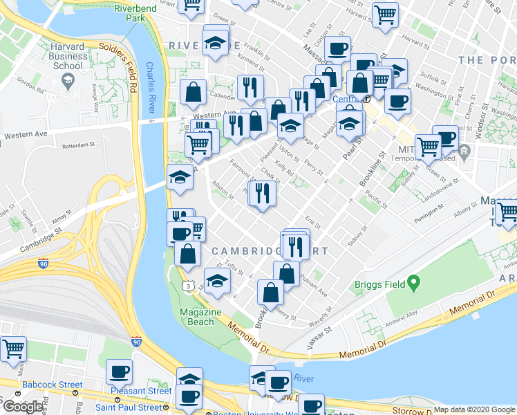 map of restaurants, bars, coffee shops, grocery stores, and more near 111 Magazine Street in Cambridge