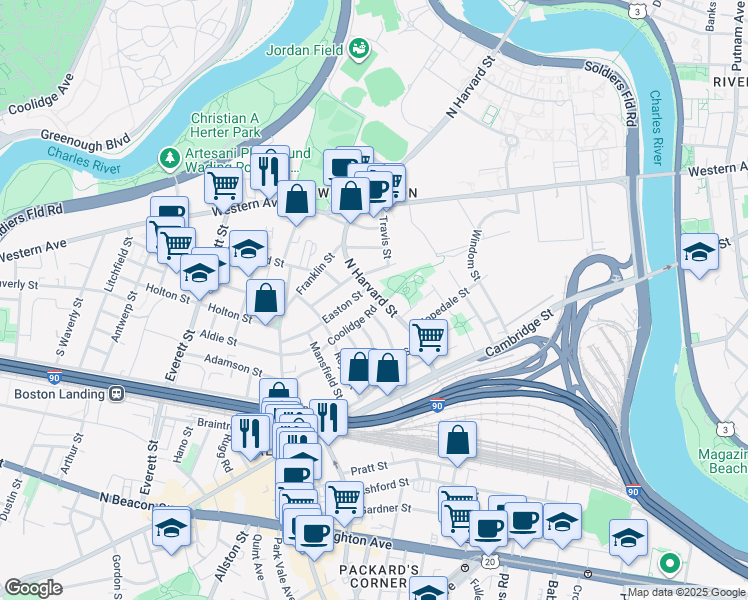 map of restaurants, bars, coffee shops, grocery stores, and more near 291 North Harvard Street in Boston
