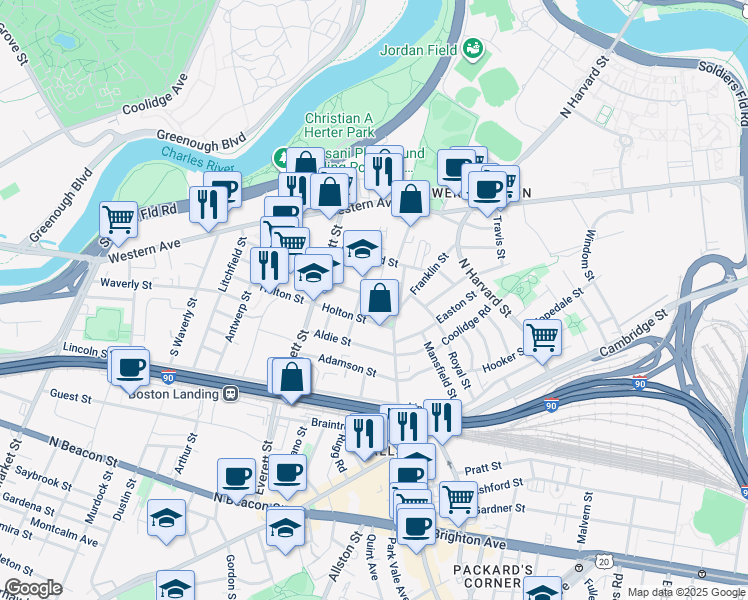 map of restaurants, bars, coffee shops, grocery stores, and more near 52 Athol Street in Boston