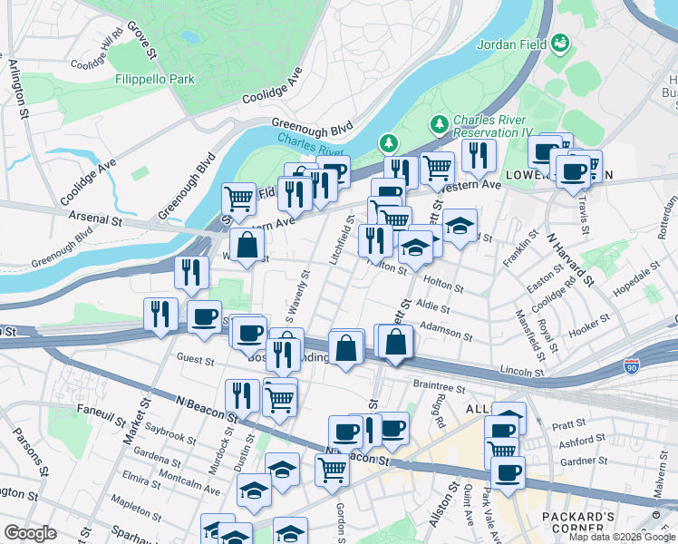 map of restaurants, bars, coffee shops, grocery stores, and more near 25 Duval Street in Boston