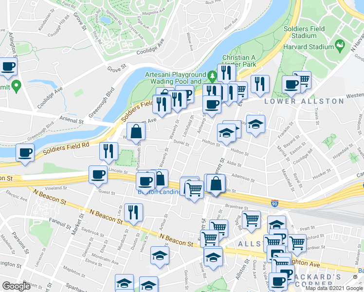 map of restaurants, bars, coffee shops, grocery stores, and more near 53-55 Litchfield Street in Boston