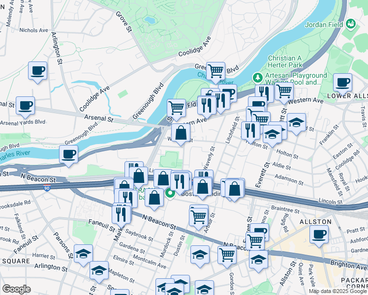 map of restaurants, bars, coffee shops, grocery stores, and more near 25-27 Lothrop Street in Boston