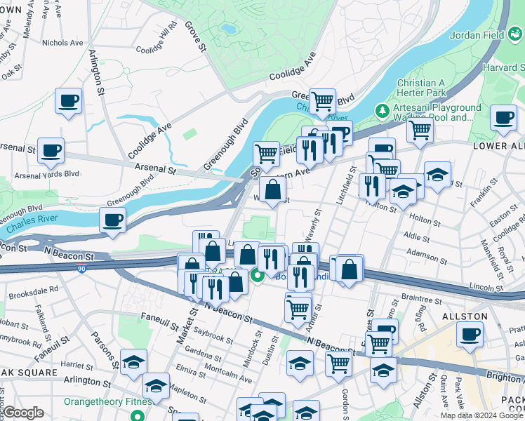map of restaurants, bars, coffee shops, grocery stores, and more near 25-27 Lothrop Street in Boston