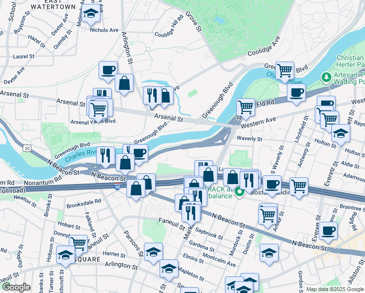 map of restaurants, bars, coffee shops, grocery stores, and more near 1715 Soldiers Field Road in Boston