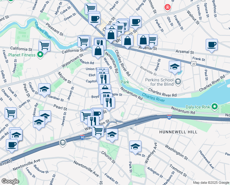 map of restaurants, bars, coffee shops, grocery stores, and more near 25 Maple Street in Watertown