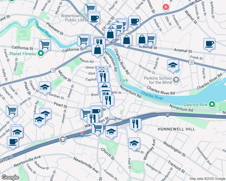 map of restaurants, bars, coffee shops, grocery stores, and more near 25 Maple Street in Watertown