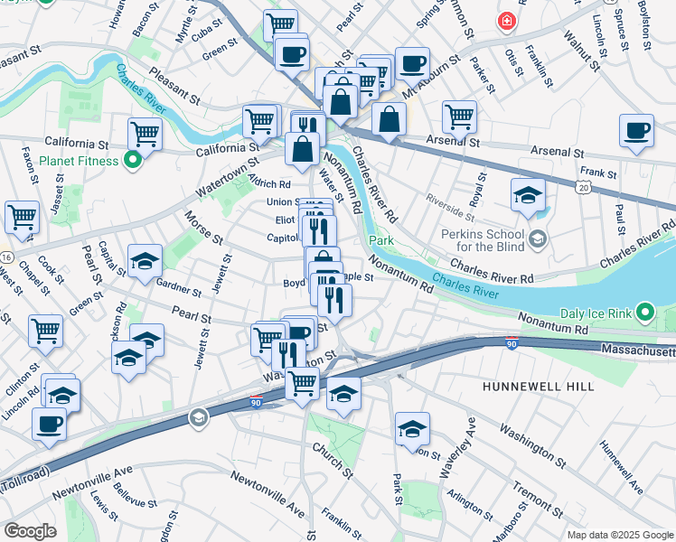 map of restaurants, bars, coffee shops, grocery stores, and more near in Watertown
