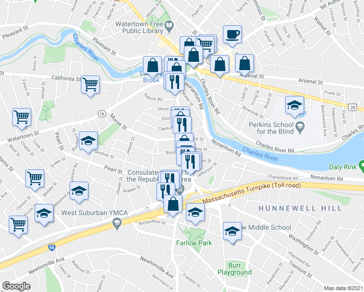 map of restaurants, bars, coffee shops, grocery stores, and more near in Watertown