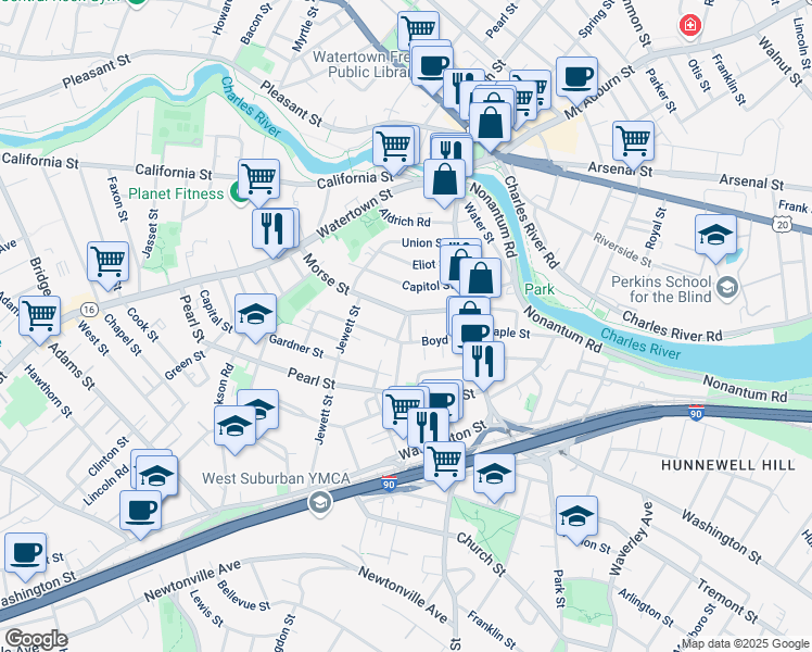 map of restaurants, bars, coffee shops, grocery stores, and more near 49 Boyd Street in Watertown