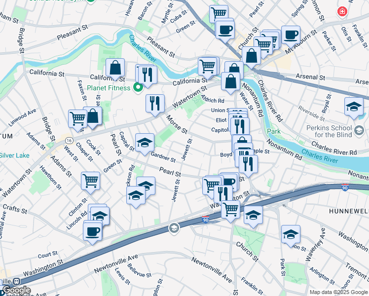 map of restaurants, bars, coffee shops, grocery stores, and more near 96 Boyd Street in Watertown