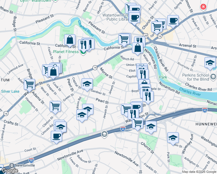 map of restaurants, bars, coffee shops, grocery stores, and more near 24 Rockland Street in Newton