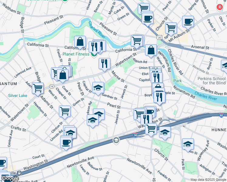 map of restaurants, bars, coffee shops, grocery stores, and more near 24 Rockland Street in Newton