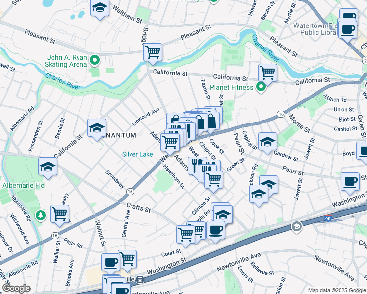 map of restaurants, bars, coffee shops, grocery stores, and more near 136 Watertown Street in Newton
