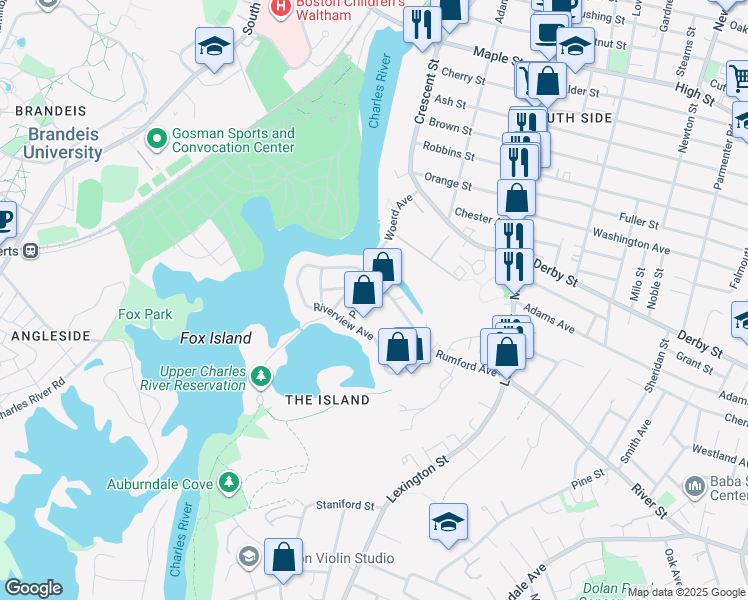 map of restaurants, bars, coffee shops, grocery stores, and more near 20 Park Street in Waltham