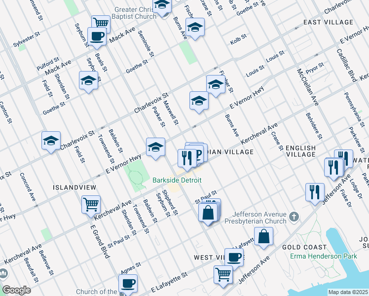 map of restaurants, bars, coffee shops, grocery stores, and more near 2226 Parker Street in Detroit