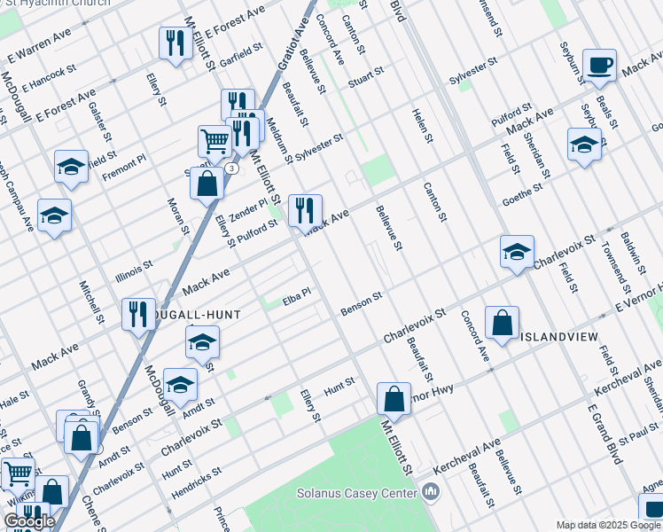 map of restaurants, bars, coffee shops, grocery stores, and more near 3460 Mount Elliott Street in Detroit