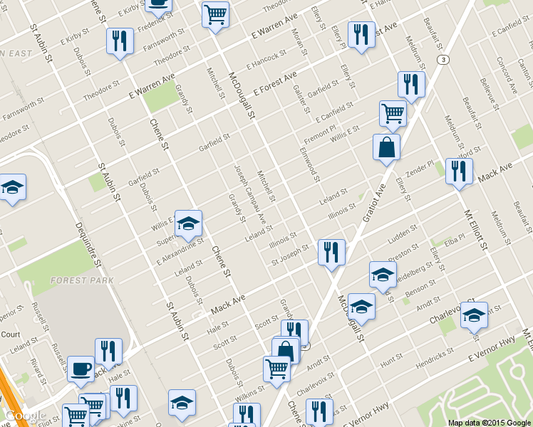 map of restaurants, bars, coffee shops, grocery stores, and more near 3919 Mitchell Street in Detroit