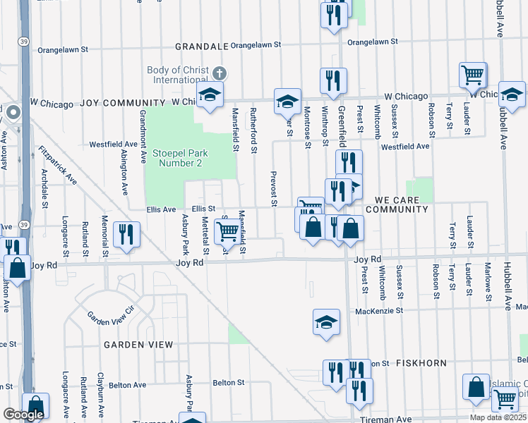 map of restaurants, bars, coffee shops, grocery stores, and more near 8940 Rutherford Street in Detroit