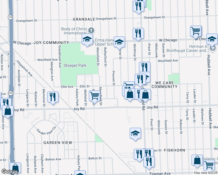 map of restaurants, bars, coffee shops, grocery stores, and more near 8940 Rutherford Street in Detroit