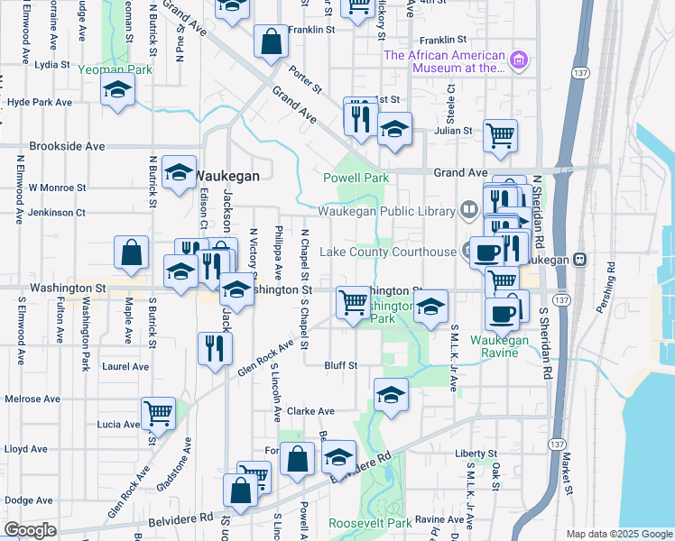 map of restaurants, bars, coffee shops, grocery stores, and more near 6 North Saint James Street in Waukegan
