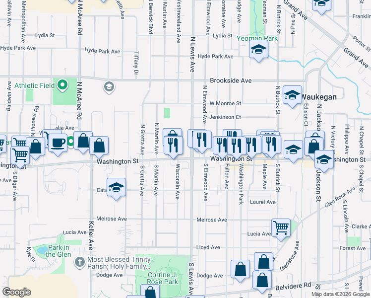 map of restaurants, bars, coffee shops, grocery stores, and more near 1916 Washington Street in Waukegan