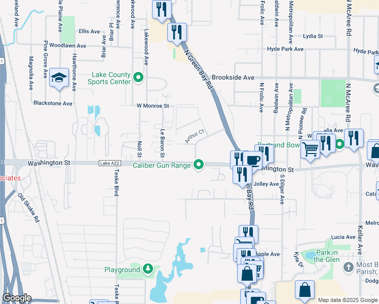 map of restaurants, bars, coffee shops, grocery stores, and more near 3065 Kathe Lane in Waukegan