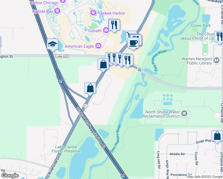 map of restaurants, bars, coffee shops, grocery stores, and more near 101 Woodlake Boulevard in Gurnee