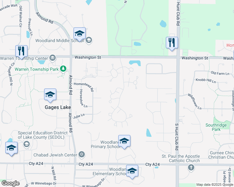 map of restaurants, bars, coffee shops, grocery stores, and more near 17455 West Washington Street in Gurnee