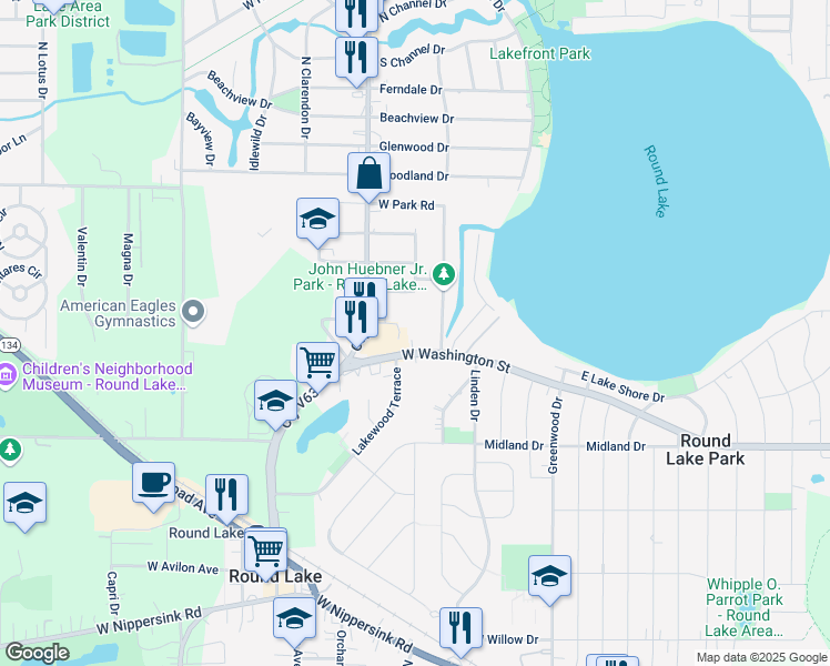 map of restaurants, bars, coffee shops, grocery stores, and more near 120 West Washington Street in Round Lake